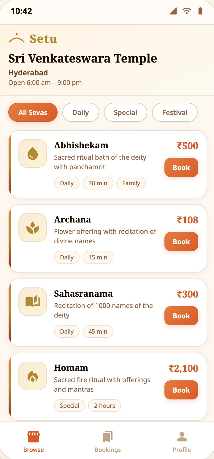 Preview of the Setu app: a temple&rsquo;s sevas listed by category, each with a short description, duration, price and a Book button.